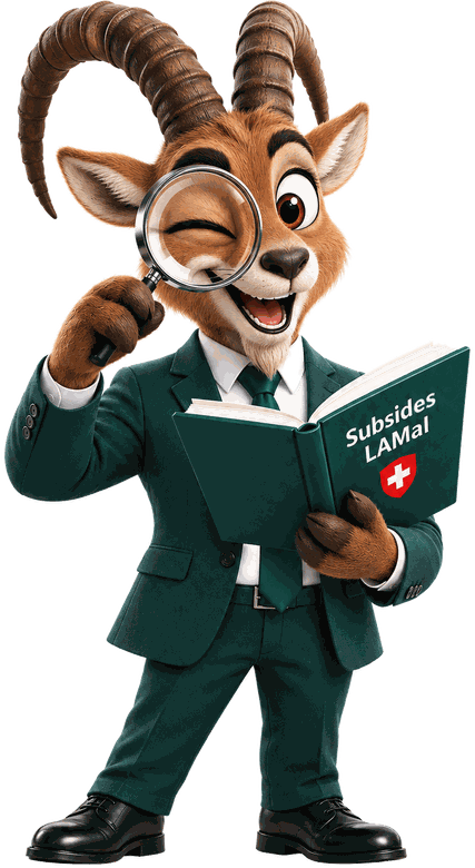 Mascotte subside-survaud : un bouquetin en costume qui examine le guide des subsides LAMal à la loupe